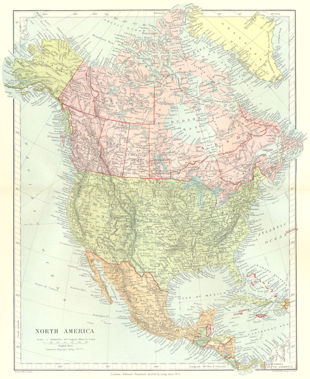 NORTH AMERICA. United States Canada Mexico Central America. STANFORD 1906 map