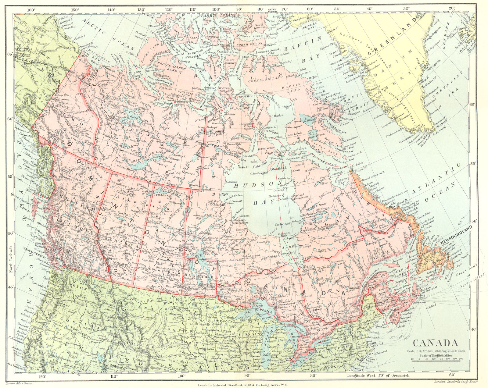 DOMNION OF CANADA. colony of Newfoundland & Labrador separate.STANFORD 1906 map