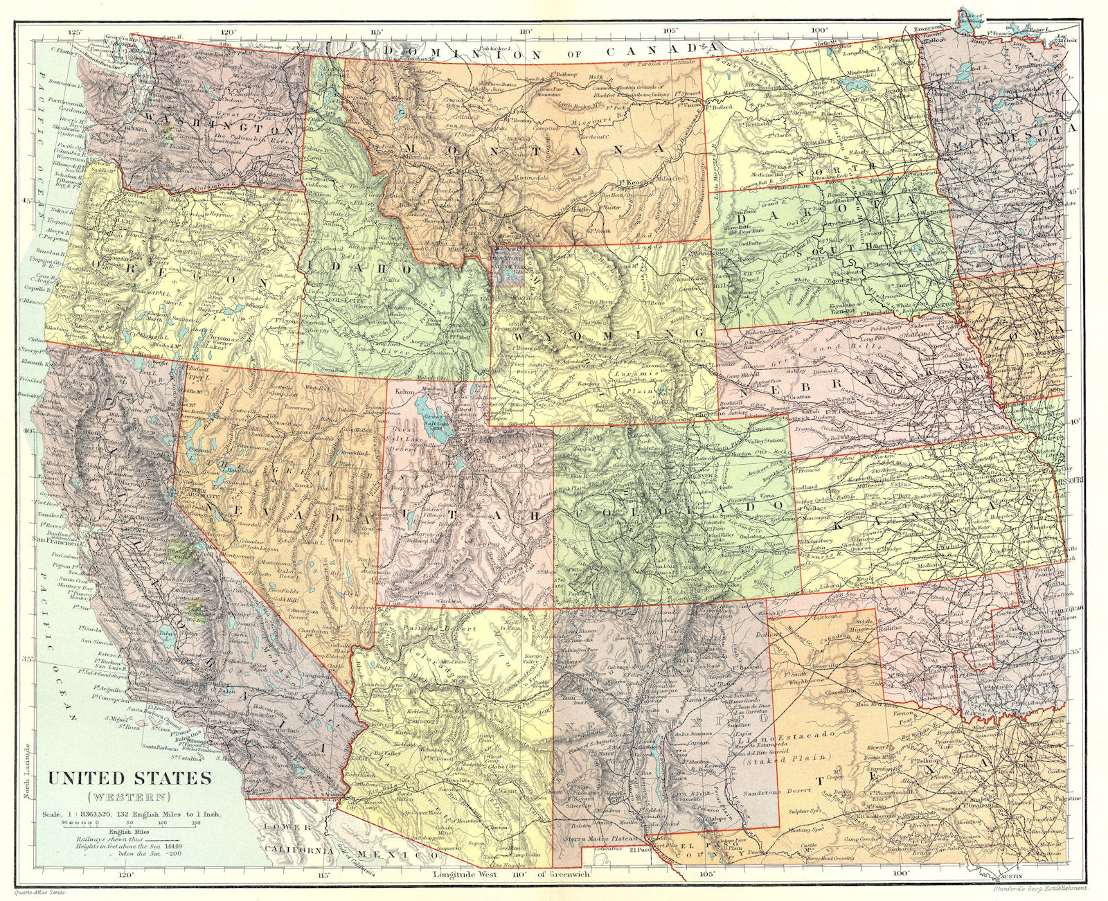 UNITED STATES WEST. Pacific states Mountain States. STANFORD 1906 old map