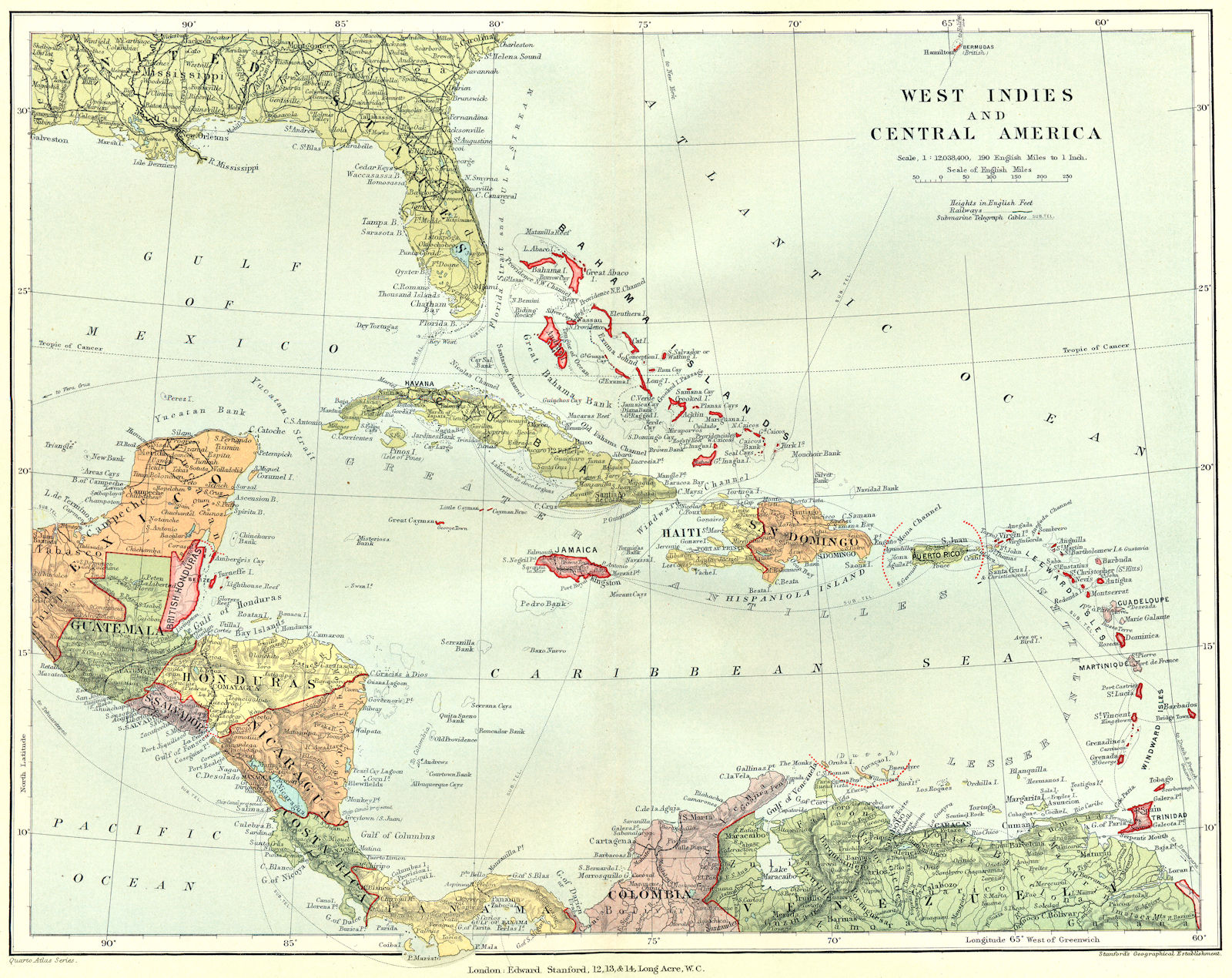 CENTRAL AMERICA/WEST INDIES. shows Danish Antilles. STANFORD 1906 old map