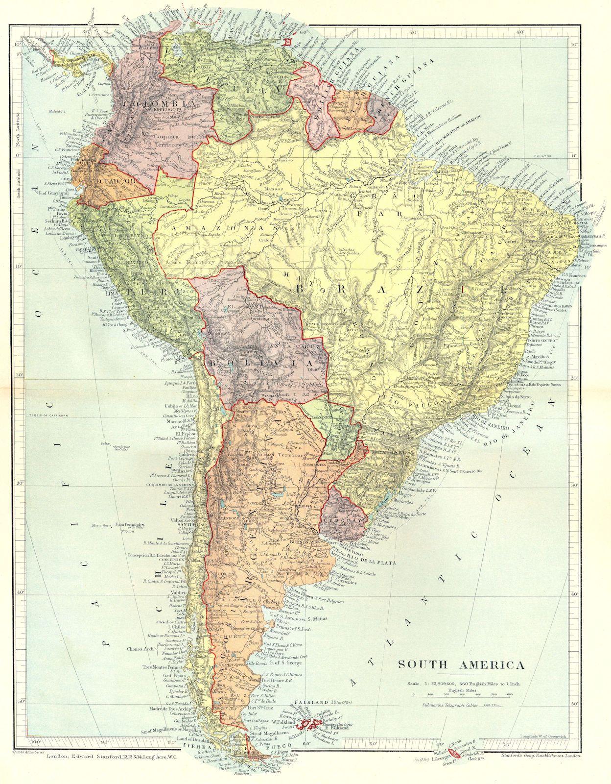 SOUTH AMERICA. Political. STANFORD 1906 old antique vintage map plan chart