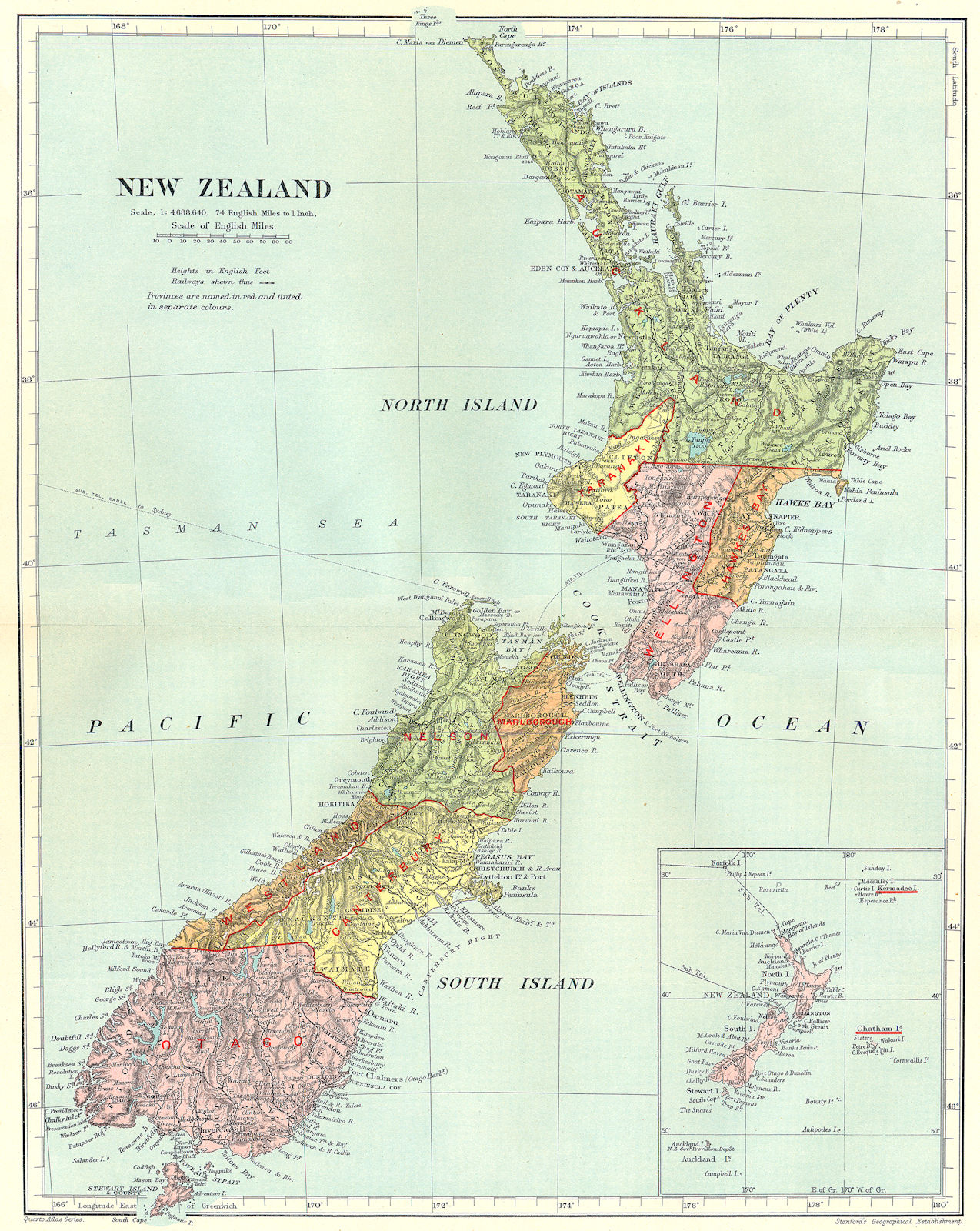 NEW ZEALAND. showing provinces. STANFORD 1906 old antique map plan chart