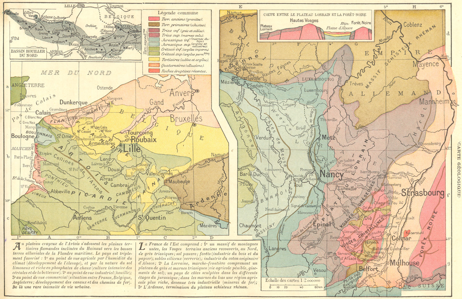 FRANCE. Du Nord de L'est(Carte Geologique)Bassin Houiller 1923 old antique map