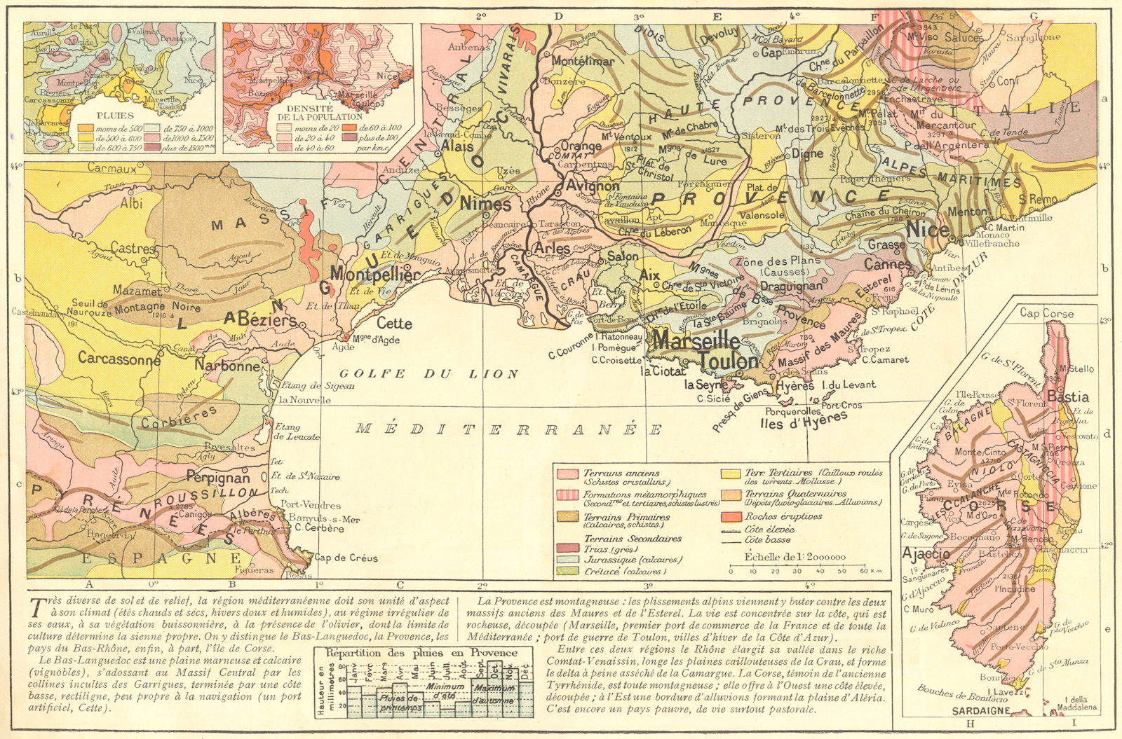 FRANCE. Mediterranean; Rainfall; population density; Corsica 1923 old map