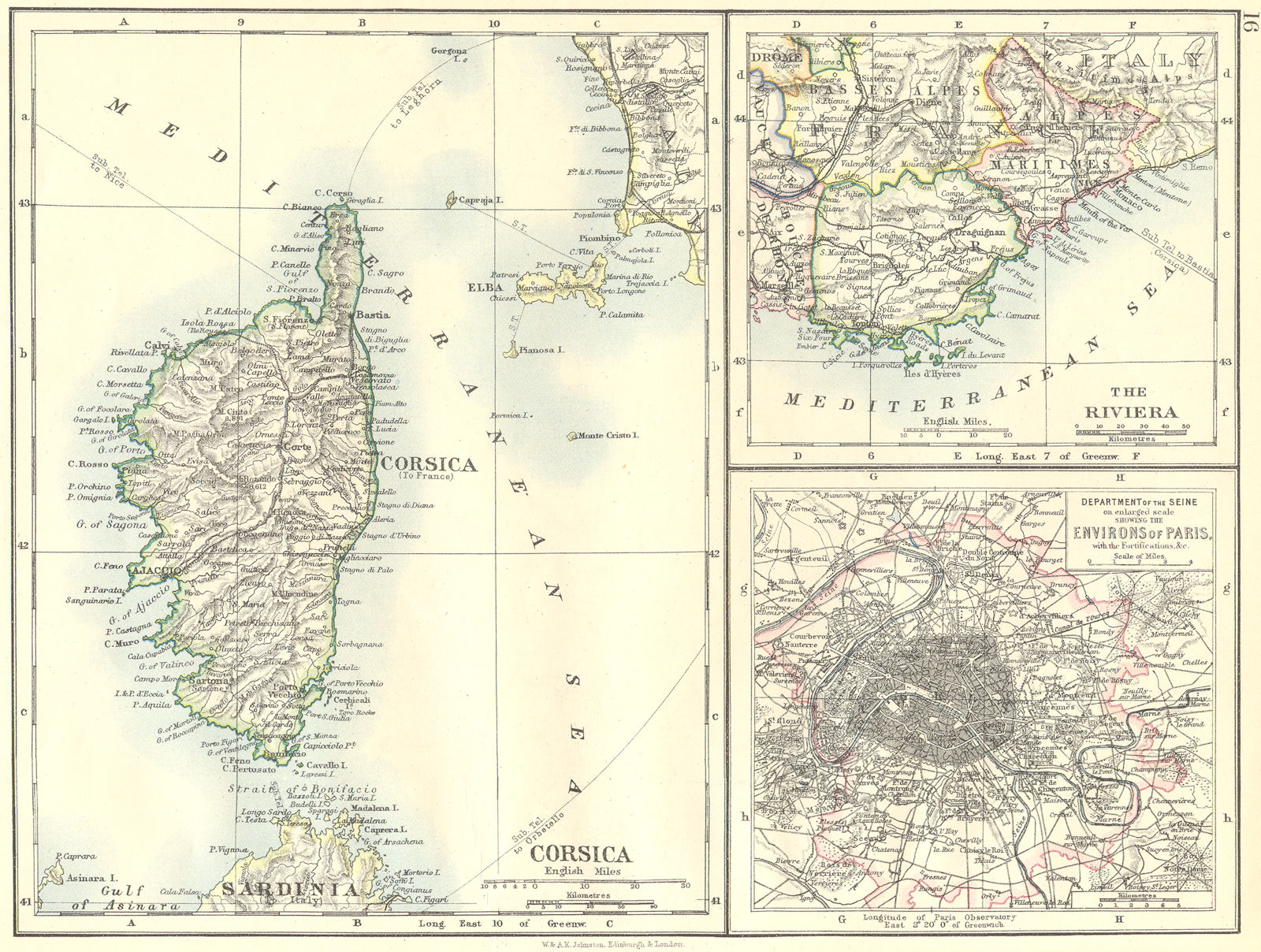 Associate Product FRANCE. Corsica; Riviera; Dept of Seine, enlarged area Paris with Fort 1897 map