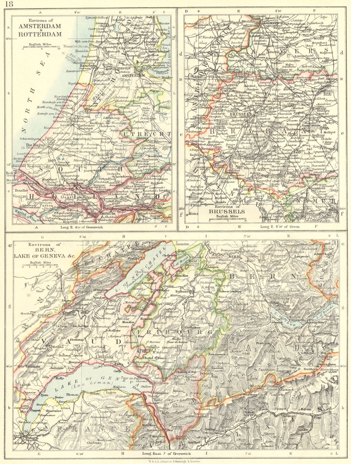 SWITZERLAND. Area of Berne, lake Geneva; Amsterdam Rotterdam; Brussels 1897 map