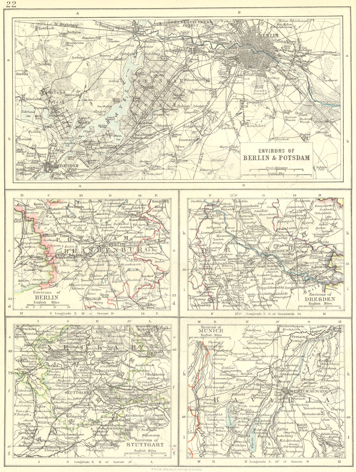 Associate Product GERMANY. Area of Berlin & Potsdam; Dresden; Stuttgart; Munich 1897 old map