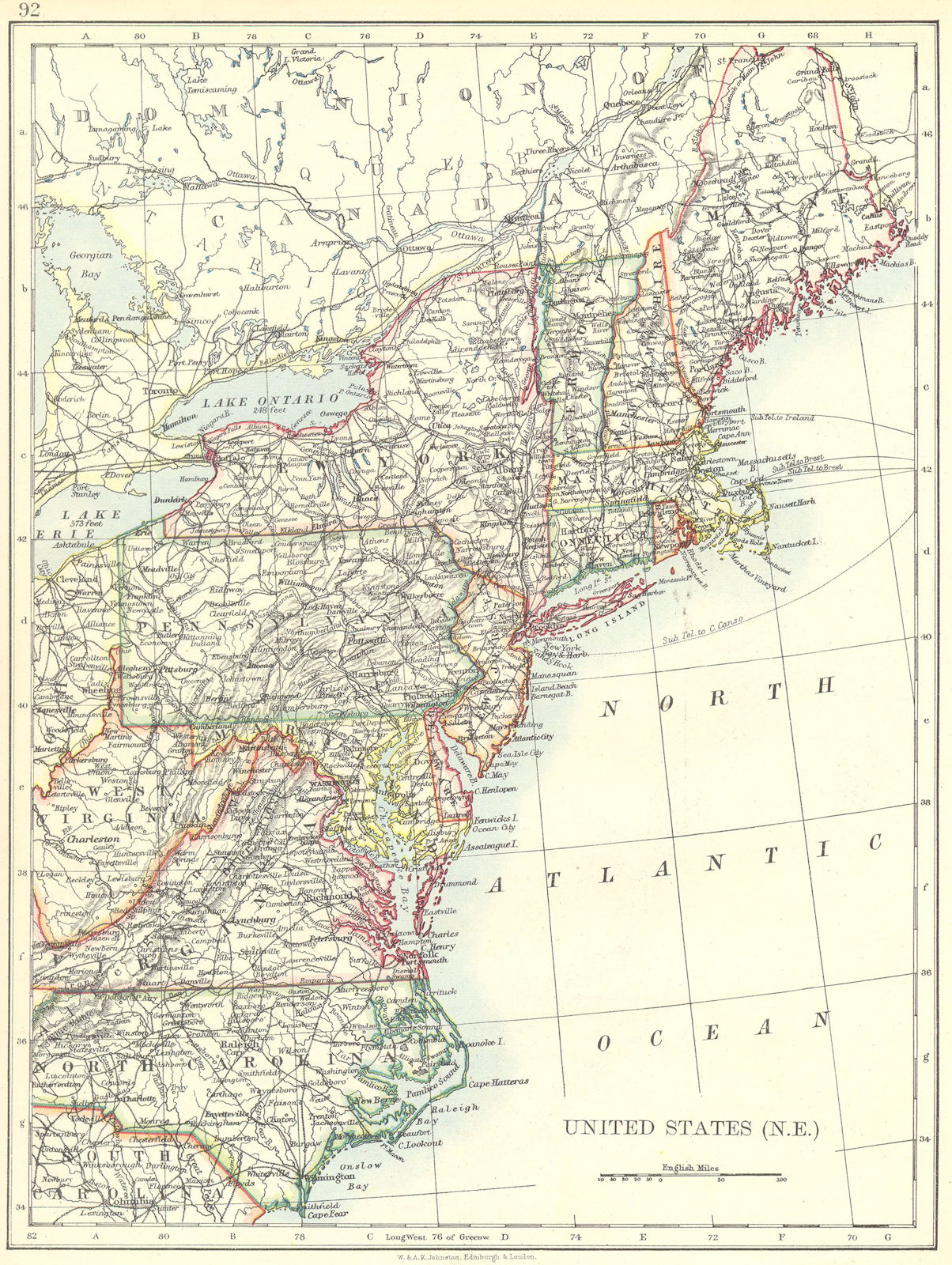 UNITED STATES. North East. ME NH VT MA NY NJ CT RI NC WV VA DE MD 1897 old map