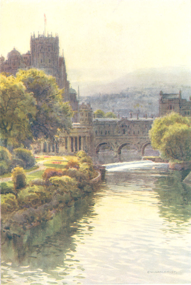 Associate Product View from the North Parade Bridge, Bath. Somerset. By Ernest Haslehust 1920