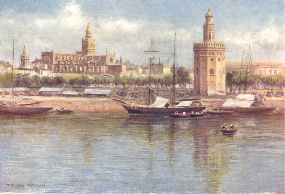 Associate Product SPAIN. Seville-The Torre del Oro and the Cathedral 1908 old antique print