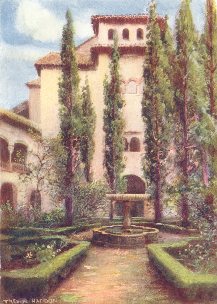 SPAIN. Granada-The Generalife. Court of the Cypresses 1908 old antique print