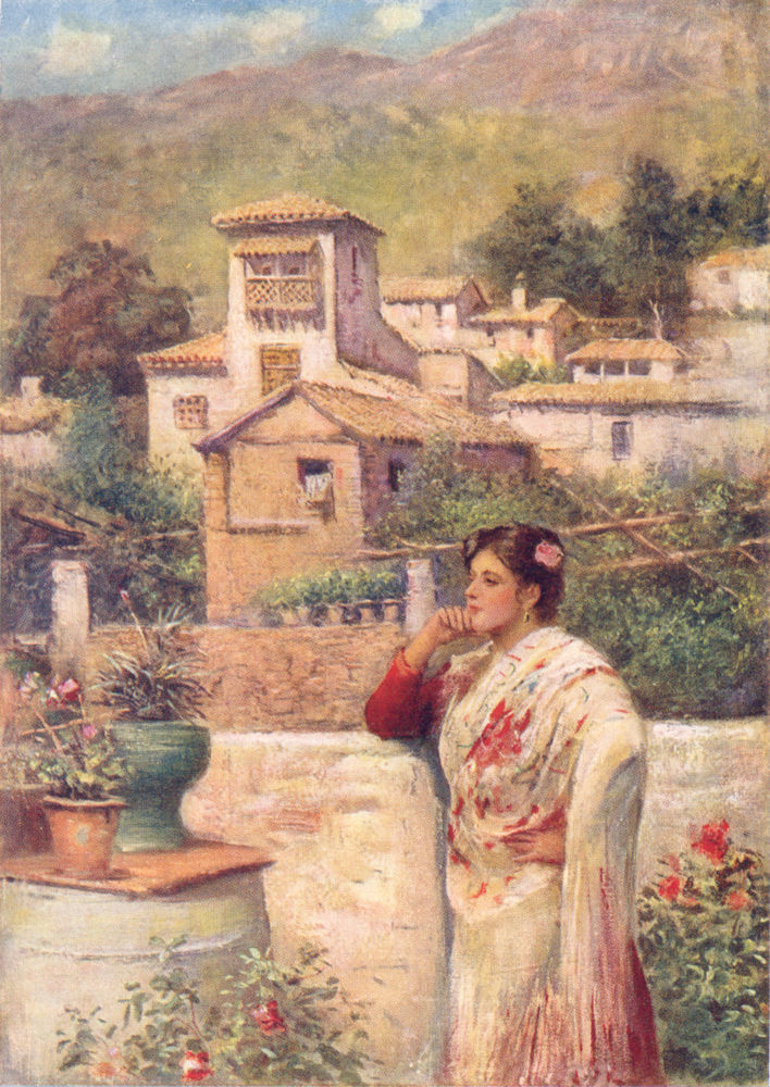SPAIN. Granada-A corner in the old Quarter 1908 antique print picture