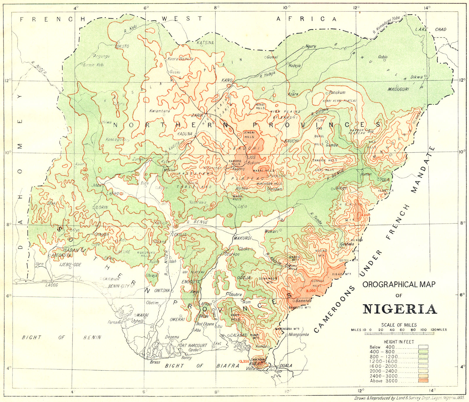 Associate Product NIGERIA. Orographical Map of Nigeria 1936 old vintage plan chart