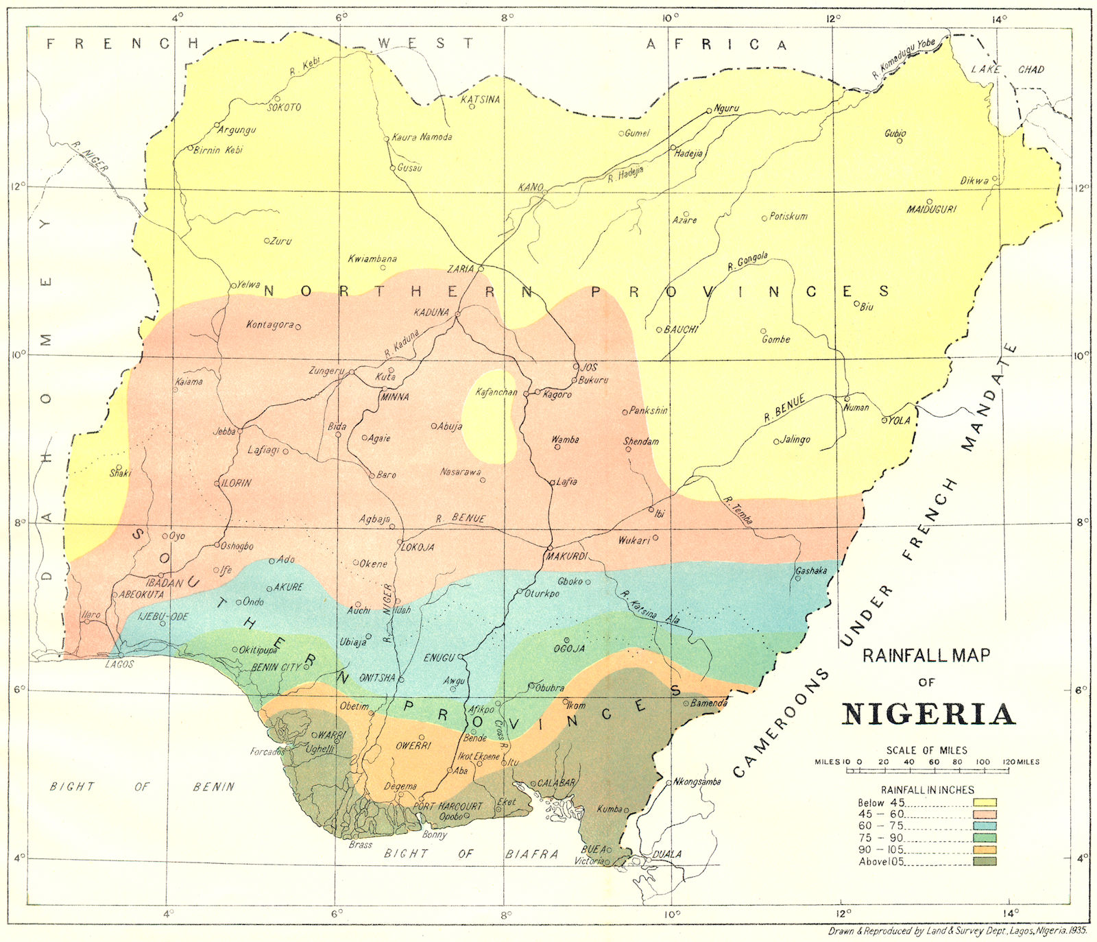 Associate Product NIGERIA. Rainfall Map of Nigeria 1936 old vintage plan chart