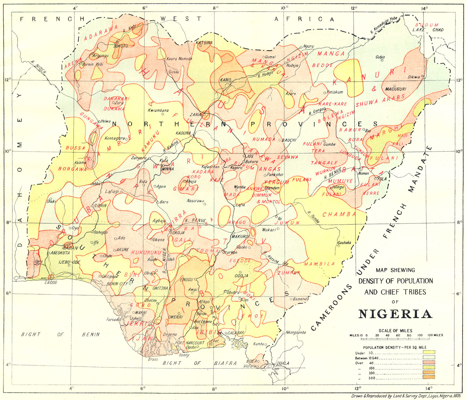 NIGERIA. Map density of population & chief tribes 1936 old vintage chart
