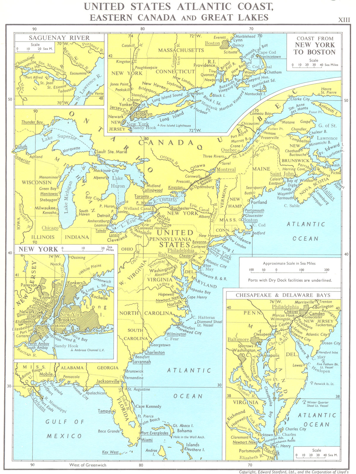 Associate Product US. Atlantic Coast Canada Gt Lakes Chesapeake DE Bay New York Saguenay 1971 map