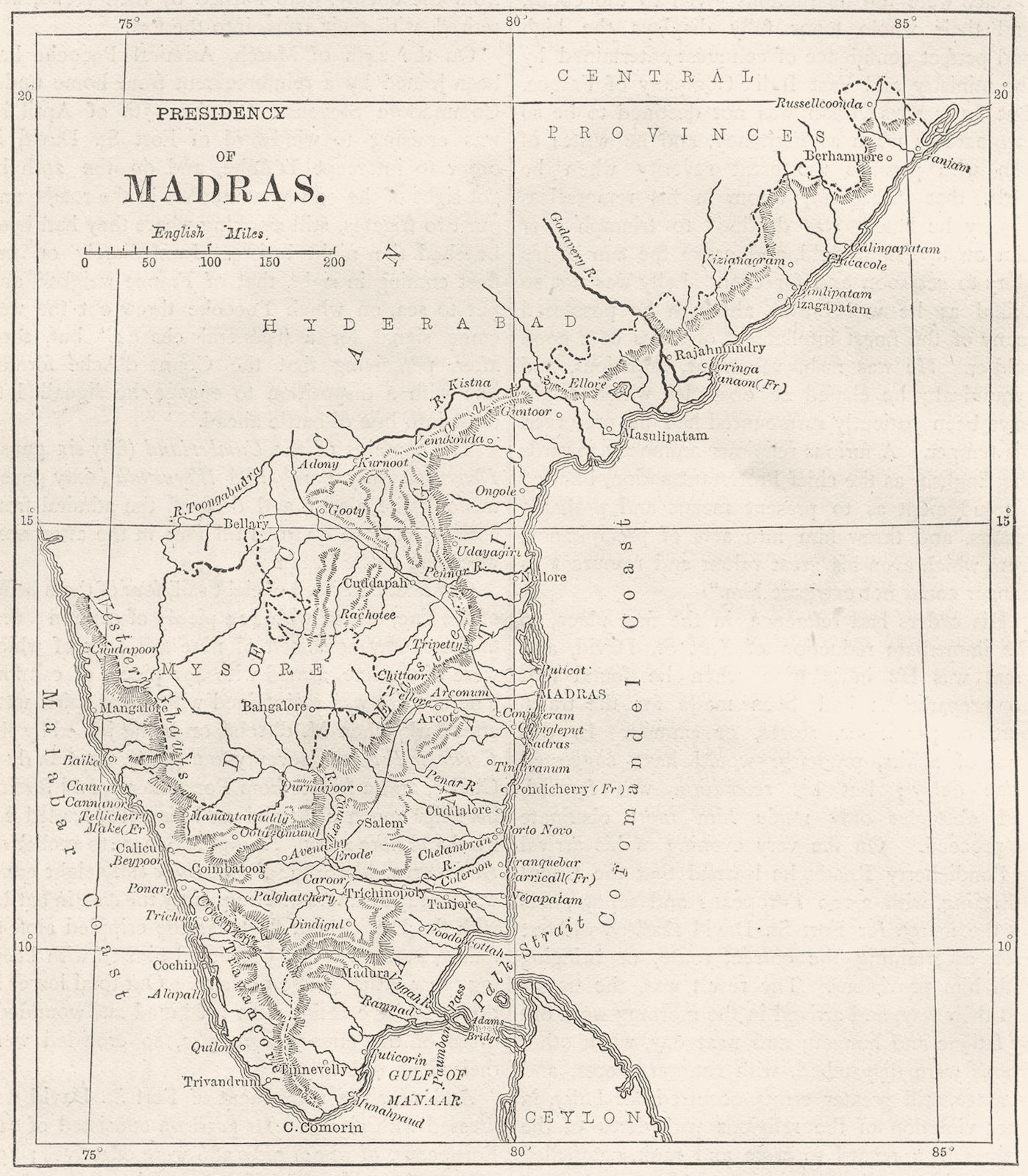 INDIA. Map of the Presidency of Chennai c1880 old antique plan chart
