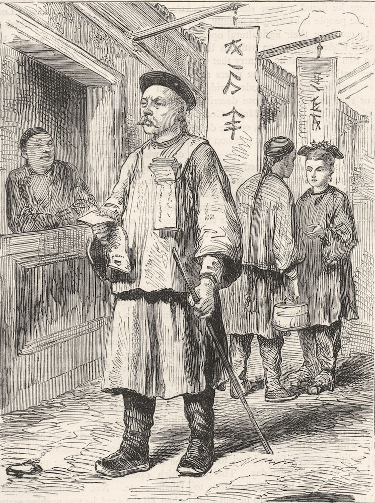 Associate Product CHINA. Chinaman selling the Beijing Gazette c1880 old antique print picture