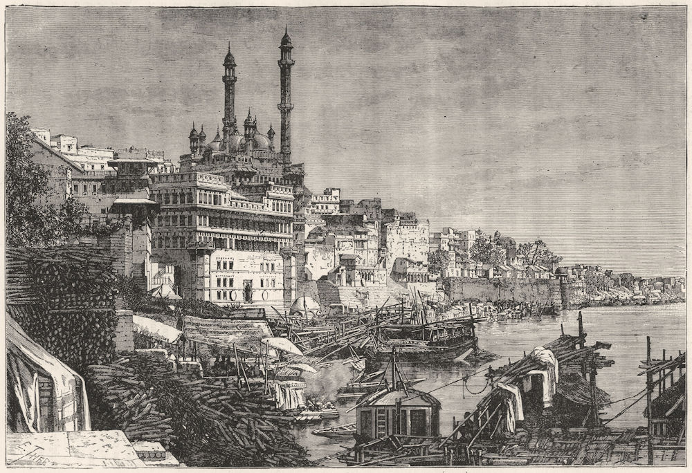 INDIA. Mosque of Aurungzebe & Madhoray Ghat(Quay)Varanasi c1880 old print