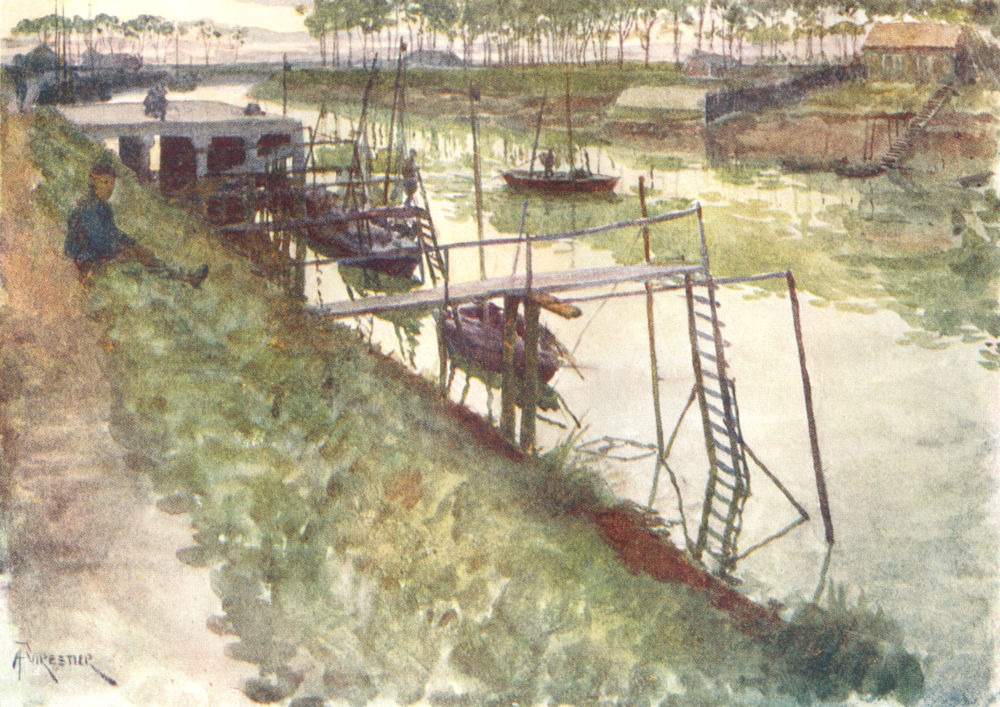 Associate Product BELGIUM. Quay, with Eel-boats & Landing-stages, Nieuwpoort 1908 old print