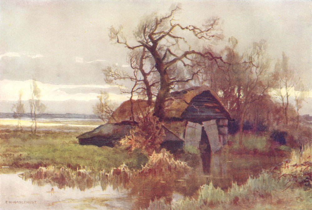 Associate Product Old Boat-Houses, Barton Broad. Norfolk Broads. By Ernest Haslehust 1920 print