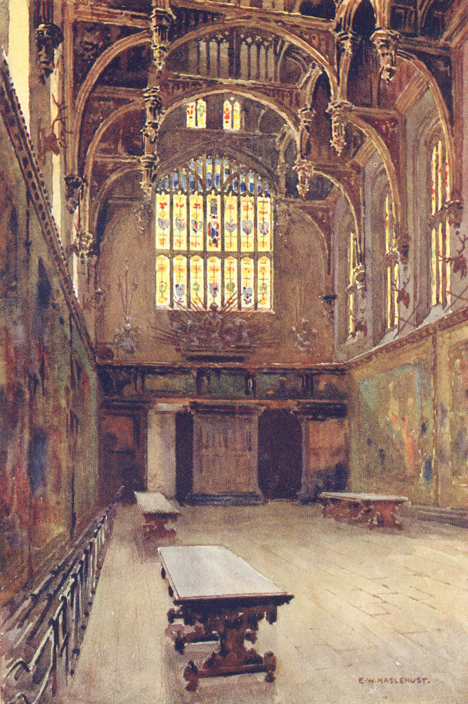 The Great Hall, Hampton Court. London. By Ernest Haslehust 1920 old print