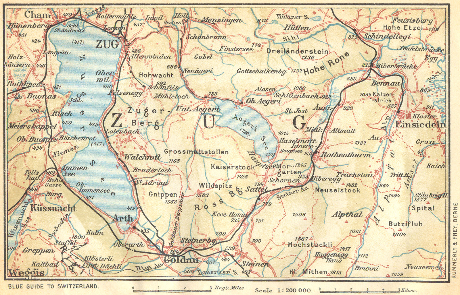 SWITZERLAND. Lake of Zug and Einsiedeln 1930 old vintage map plan chart