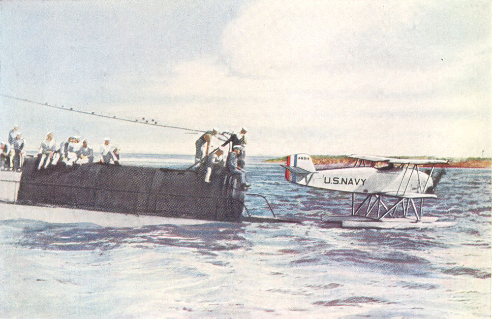AIRCRAFT. U S Navy seaplane carried in a submarine 1930 old vintage print