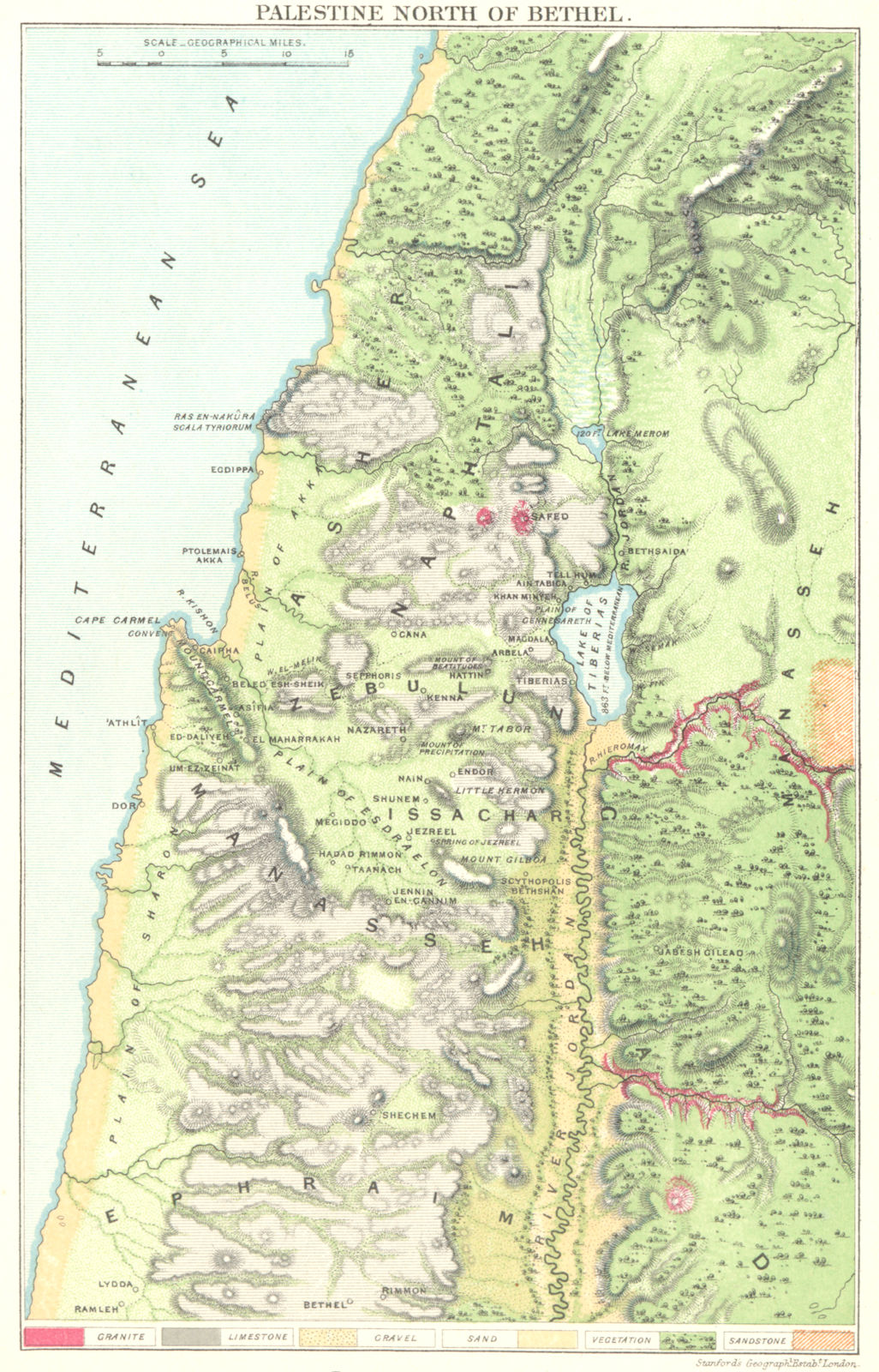 ISRAEL. Palestine North of Bethel geological 1883 old antique map plan chart