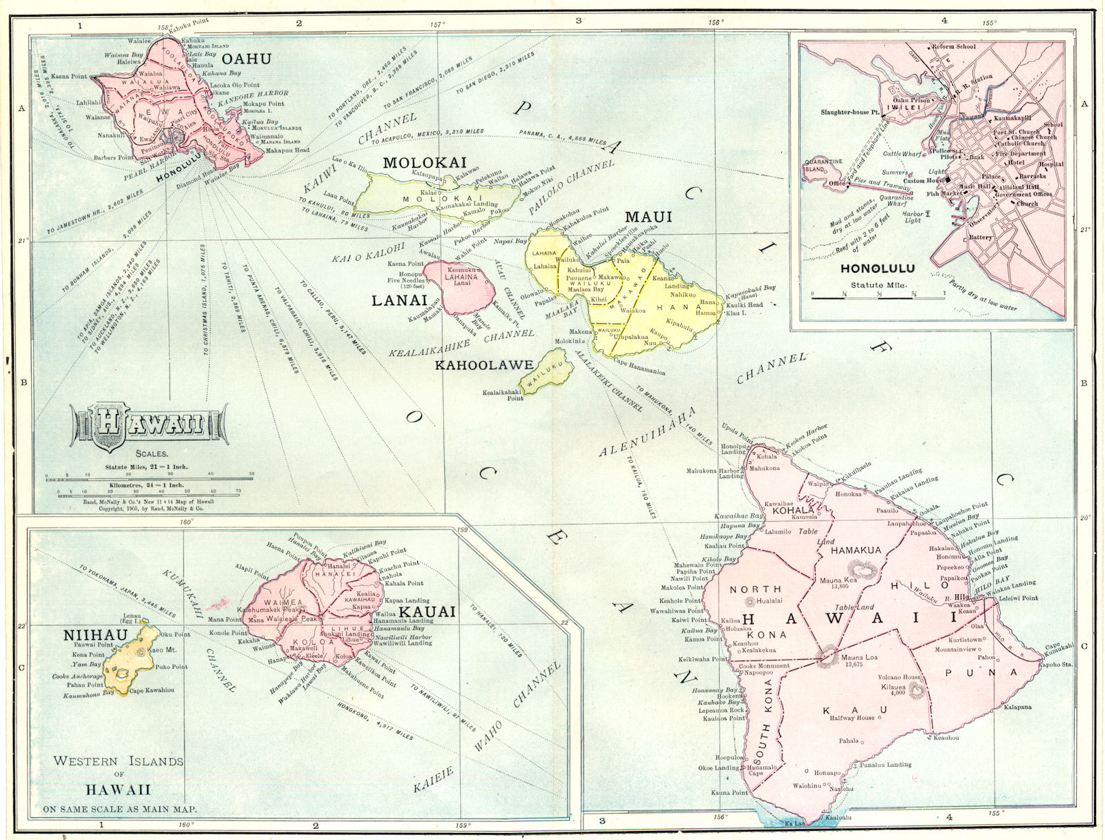 HAWAIIAN ISLANDS. Oahu Molokai Maui Kahoolawe Niihau Kauai Honolulu 1907 map