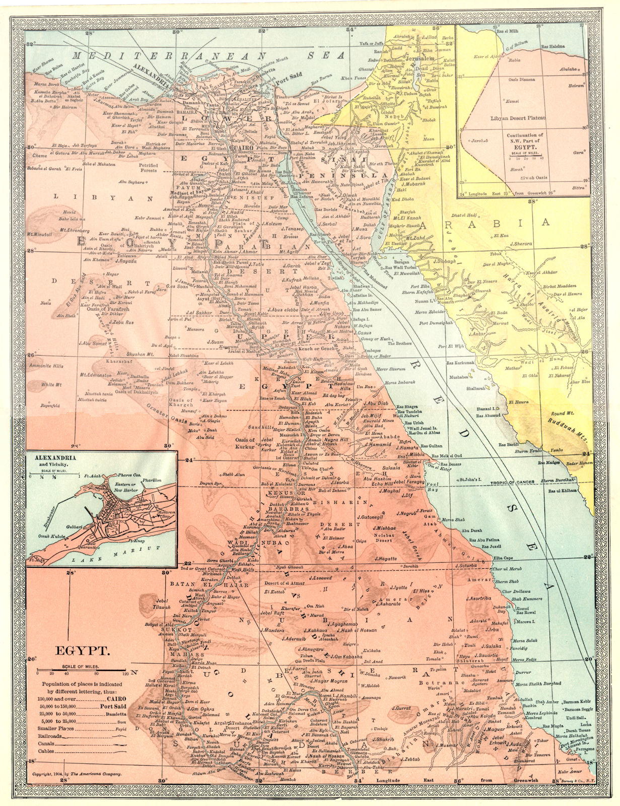 EGYPT. Nile valley. Red Sea. Inset Alexandria 1907 old antique map plan chart