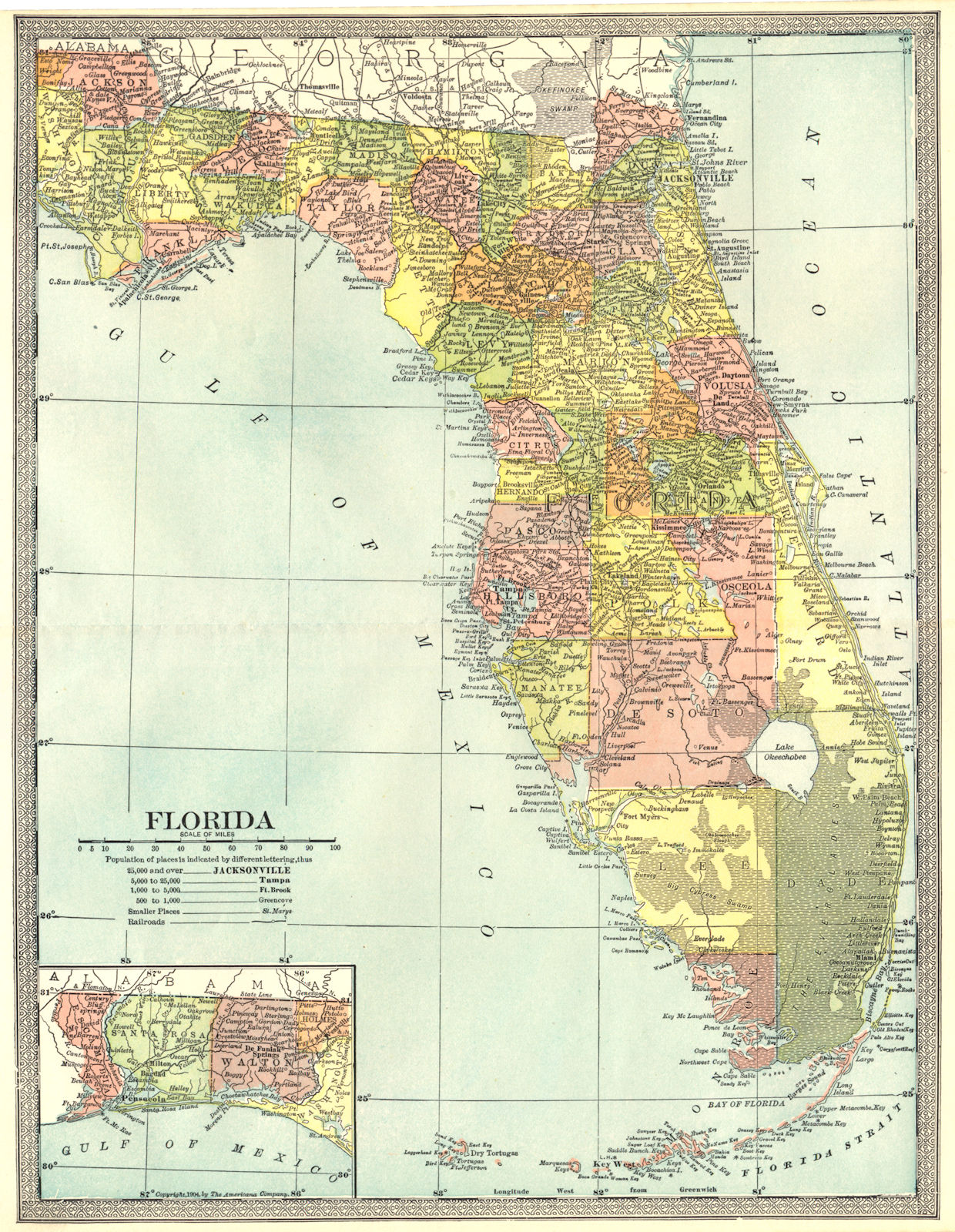 FLORIDA state map. Counties 1907 old antique vintage plan chart