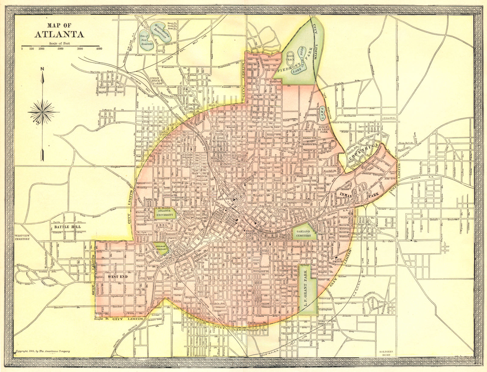 ATLANTA town/city plan. Georgia 1907 old antique vintage map chart