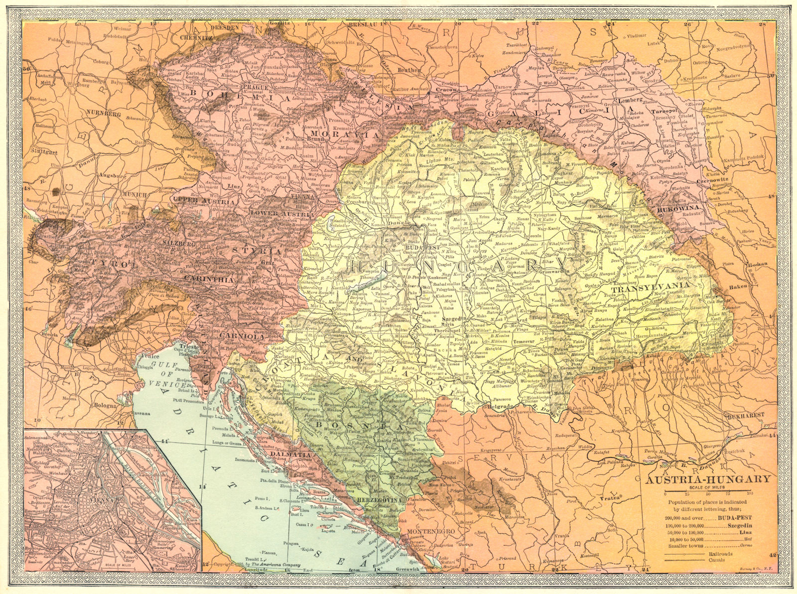 AUSTRIA-HUNGARY. Bosnia Dalmatia Galicia Bohemia Tyrol. Vienna inset 1907 map