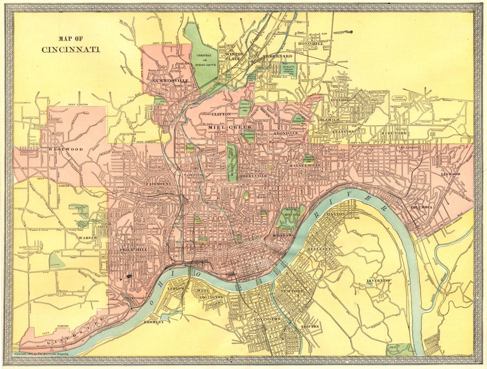 CINCINNATI town/city plan. Ohio 1907 old antique vintage map chart