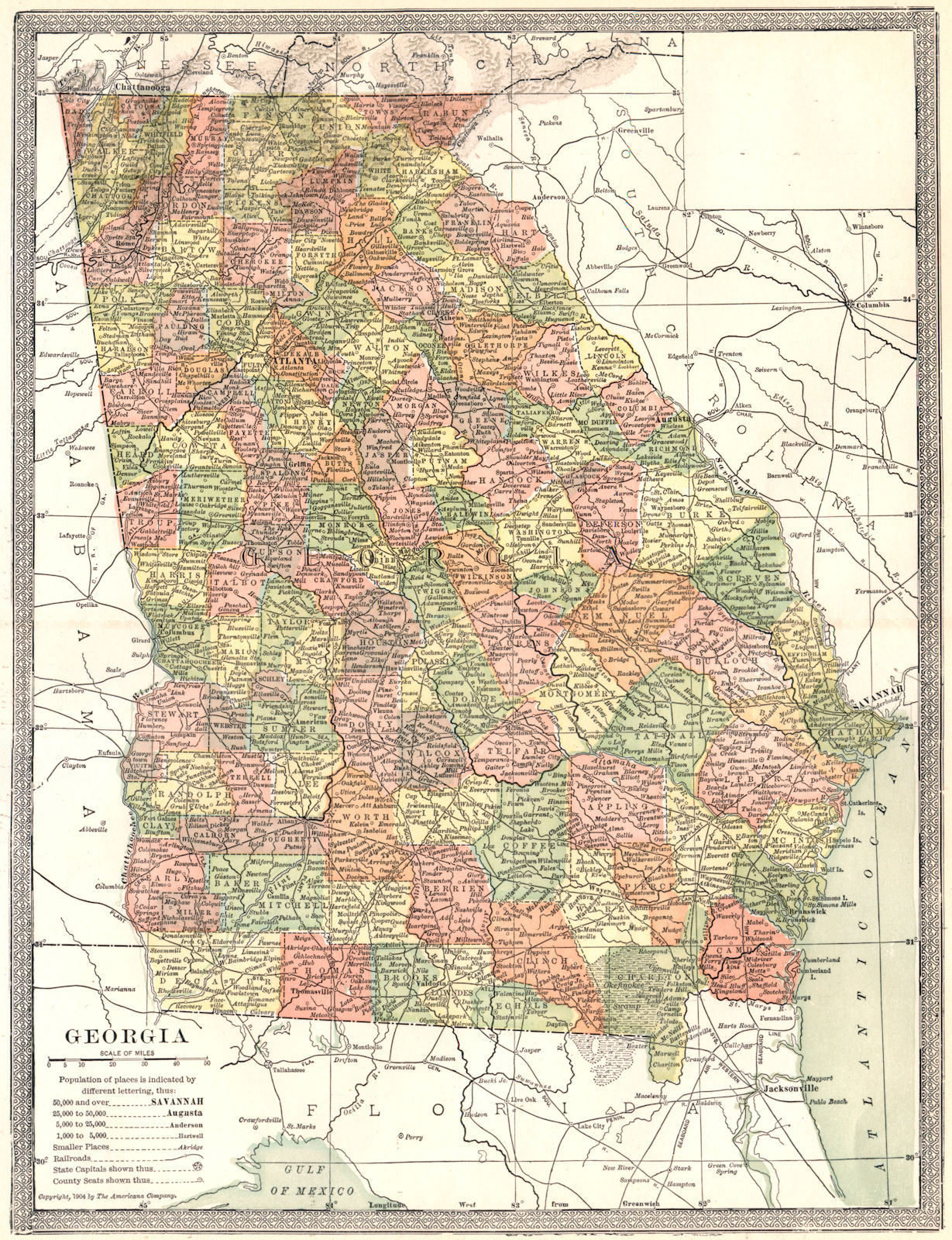 GEORGIA state map. Counties 1907 old antique vintage plan chart