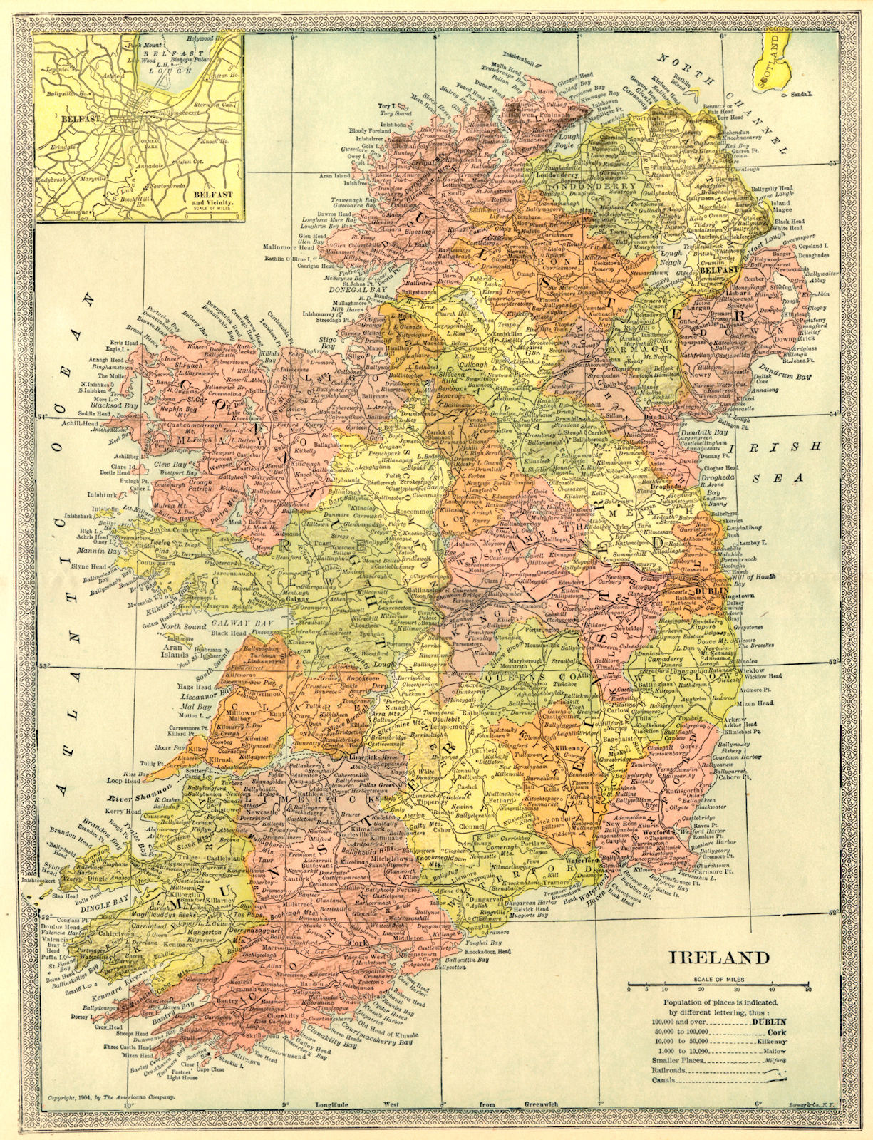 IRELAND showing counties. Pre-partition. Inset Belfast 1907 old antique map
