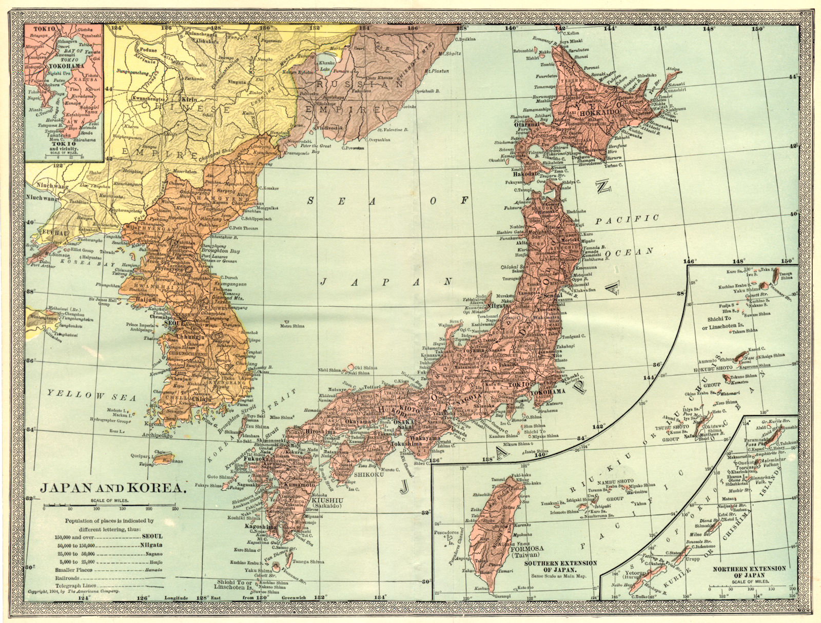 JAPAN & KOREA. Formosa/Taiwan. Inset Tokyo bay & Yokohama 1907 old antique map