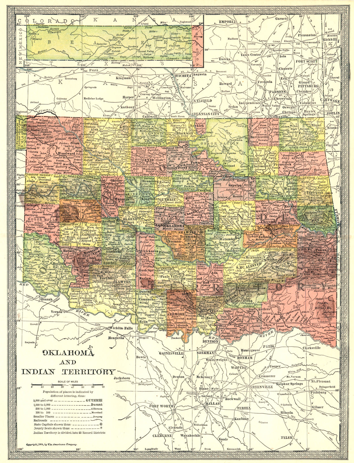 OKLAHOMA AND INDIAN TERRITORY state map. Counties 1907 old antique chart