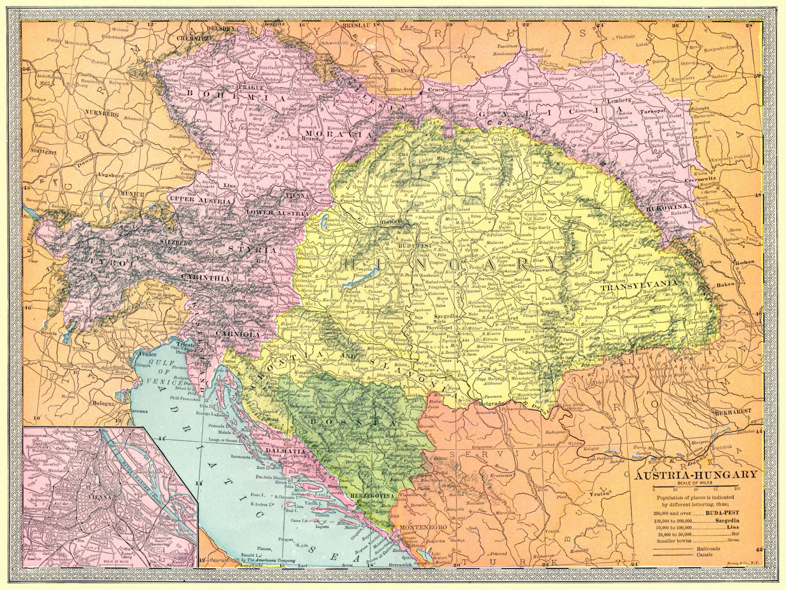 AUSTRIA-HUNGARY. Bosnia Dalmatia Galicia Bohemia Tyrol &c 1907 old antique map