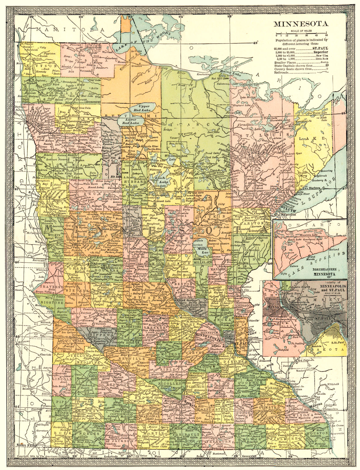 Associate Product MINNESOTA state map. Counties. Inset Minneapolis & St Paul environs 1907