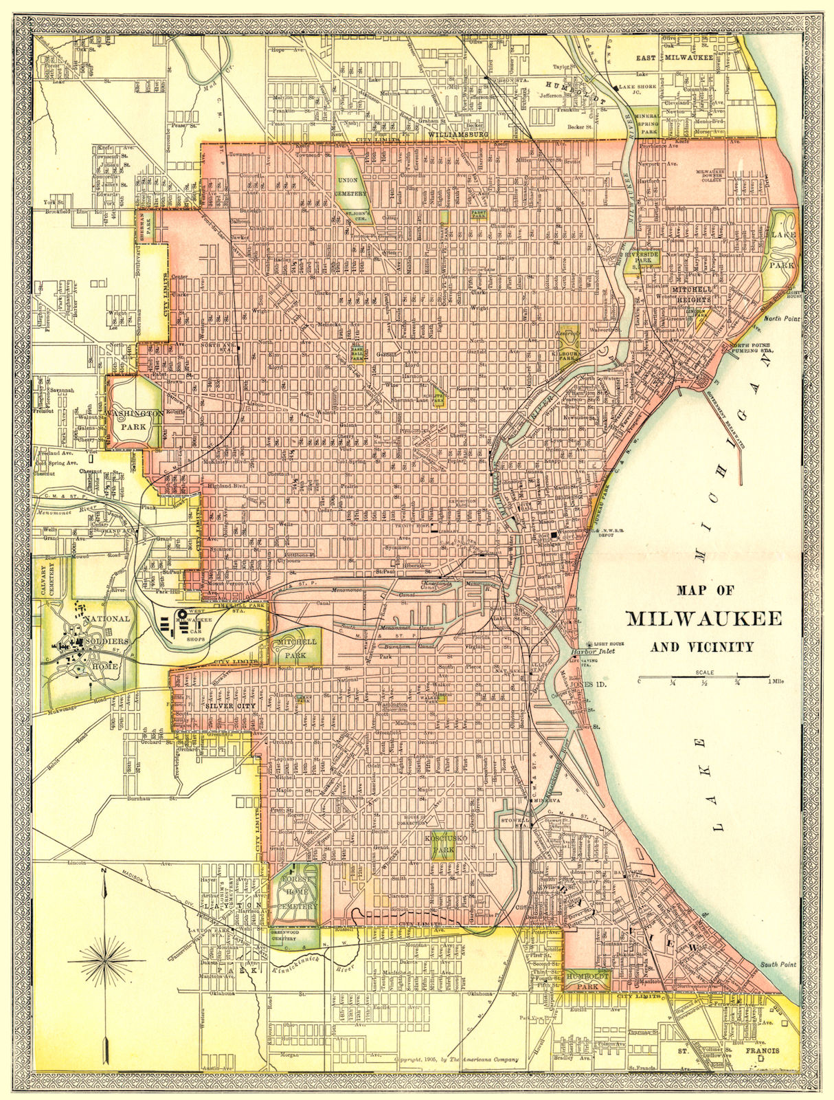 MILWAUKEE town/city plan. Wisconsin 1907 old antique vintage map chart