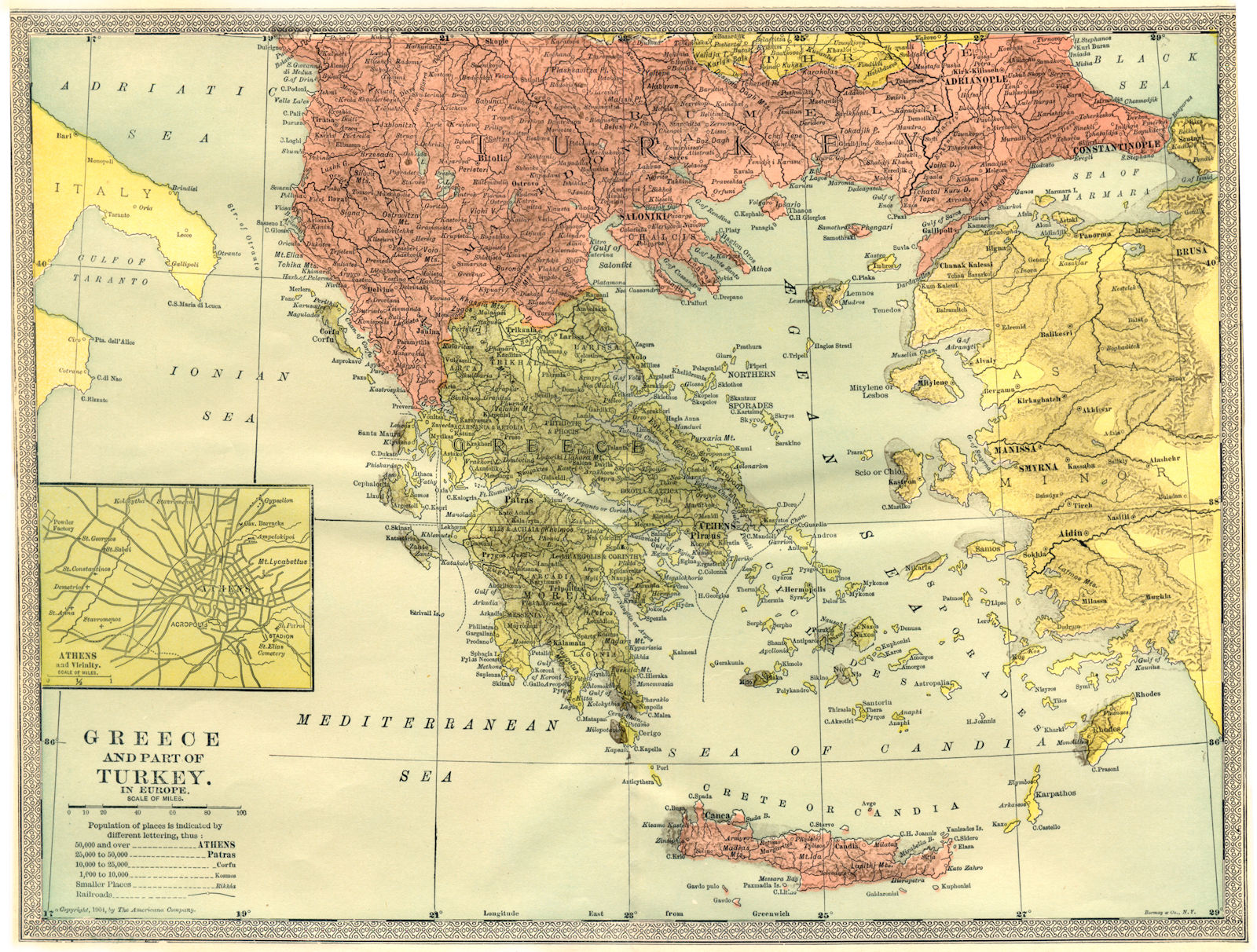 'Greece and part of Turkey in Europe'. Turkish Crete. Athens inset 1907 map