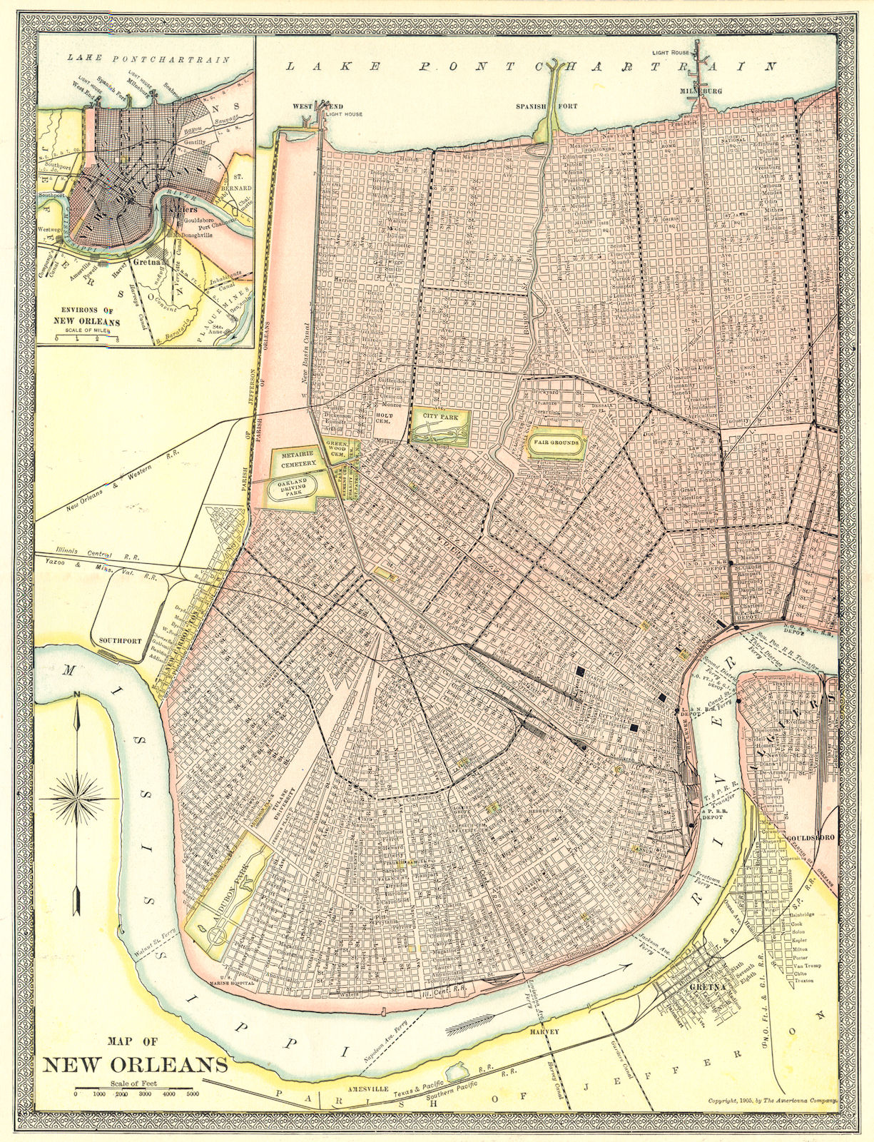 NEW ORLEANS town/city plan. Louisiana 1907 old antique vintage map chart