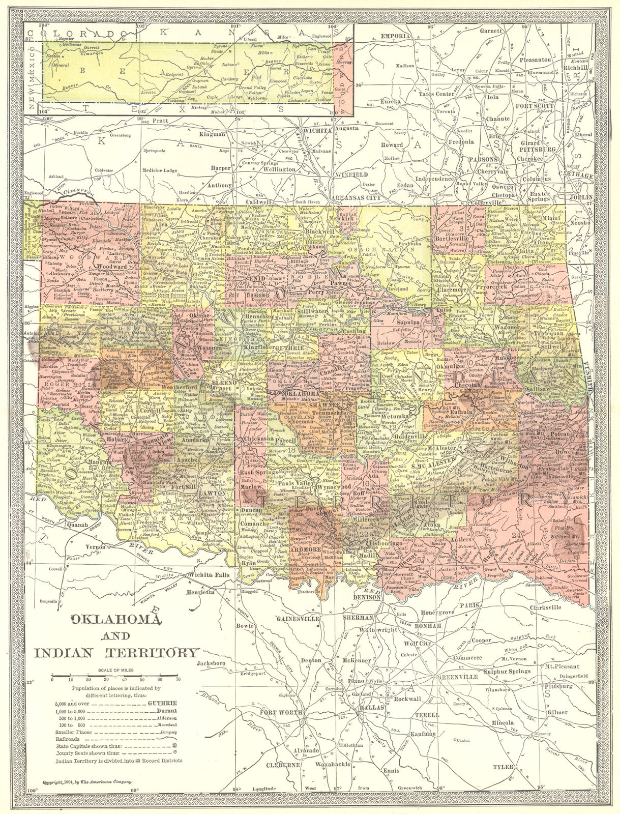 Associate Product OKLAHOMA & INDIAN TERRITORY state map. Counties 1907 old antique chart