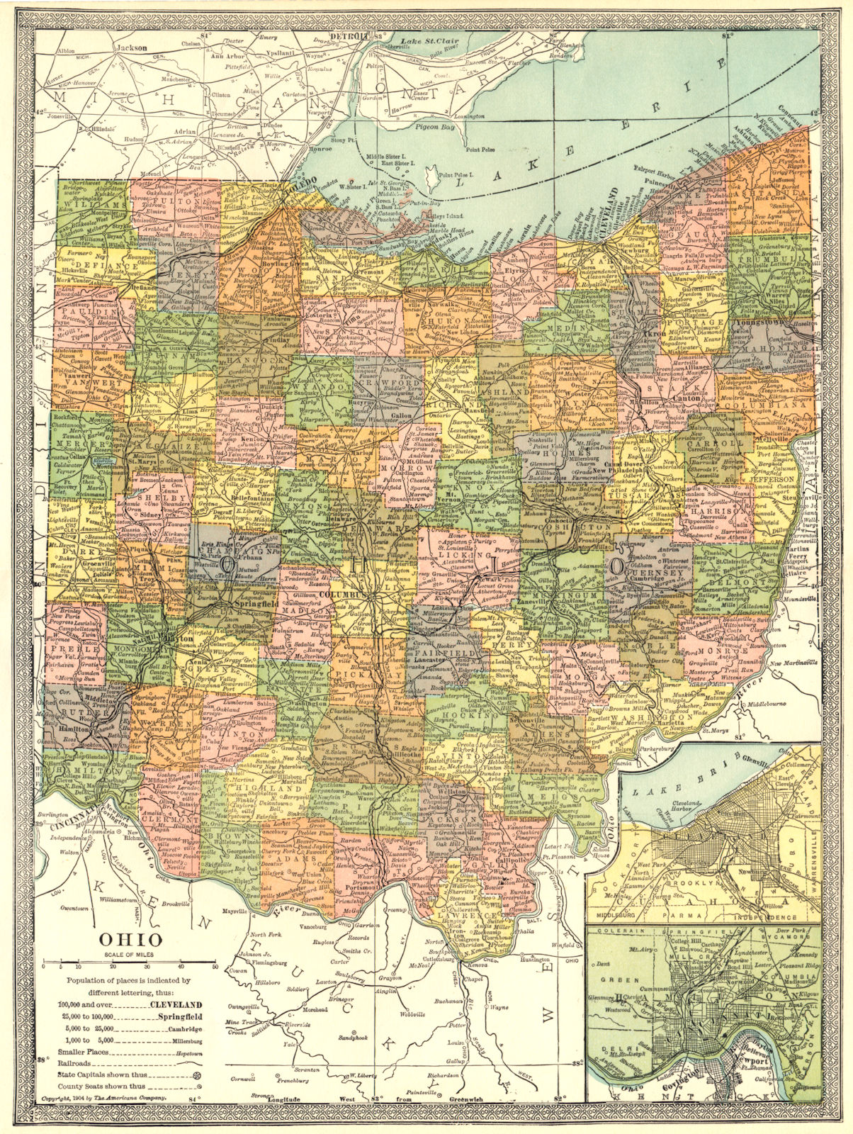 OHIO state map. Counties. Inset Cleveland & Cincinnati plans 1907 old
