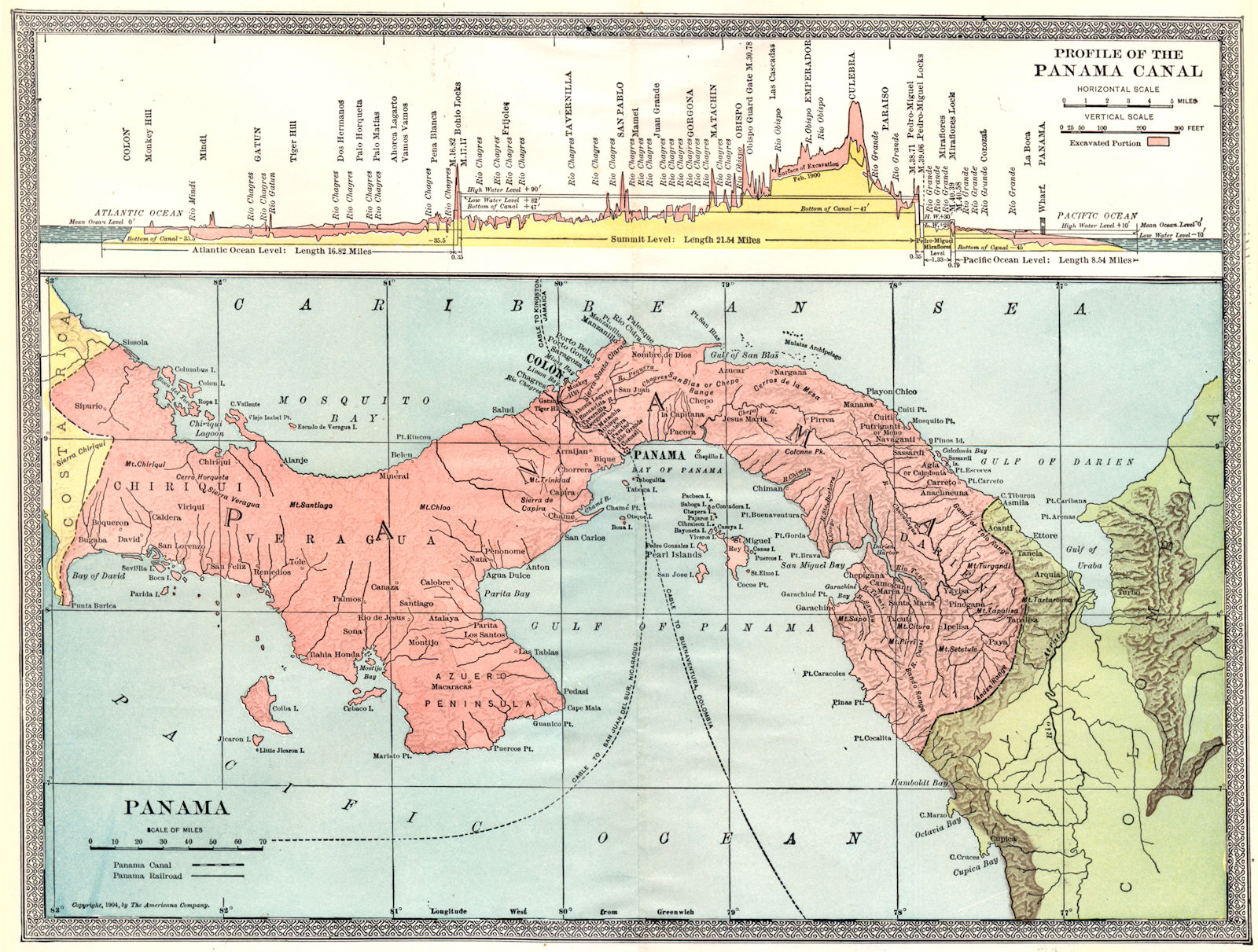 PANAMA CANAL. Profile/cross section of the Panama Canal 1907 old antique map