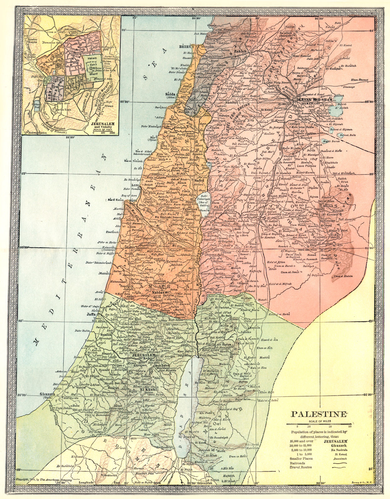 PALESTINE. Holy Land Jordan Israel Lebanon. Jerusalem plan 1907 old map