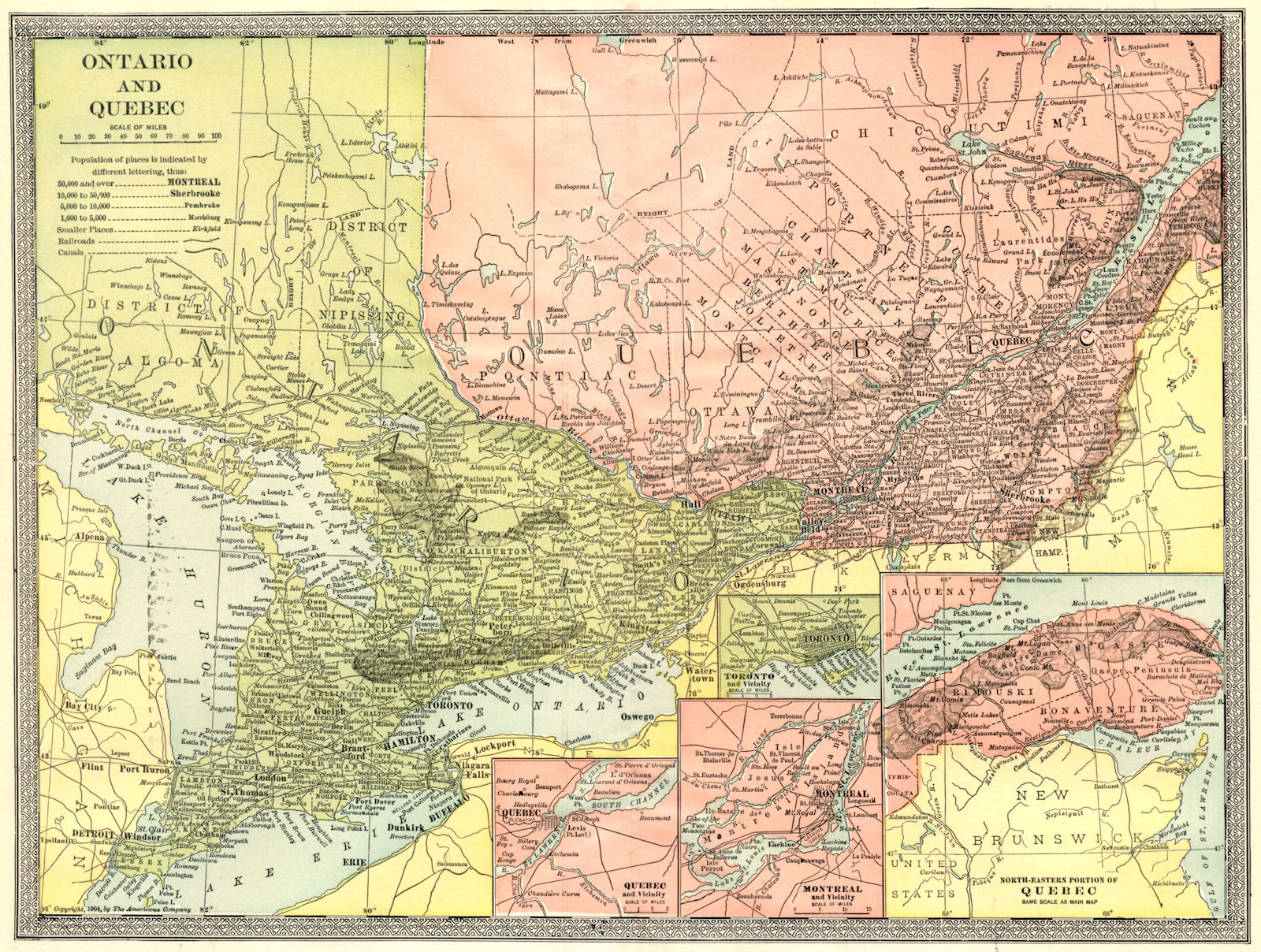 Associate Product ONTARIO & QUEBEC. Inset Toronto Quebec City & Montreal environs 1907 old map