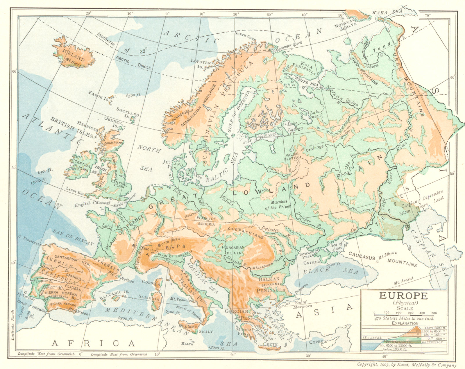 Associate Product Europe (Physical). Mountains plains 1907 old antique vintage map plan chart